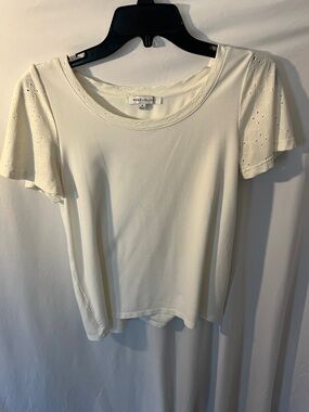 Rose & Olive Cream Scoop Neck Top with Eyelet Short Sleeves